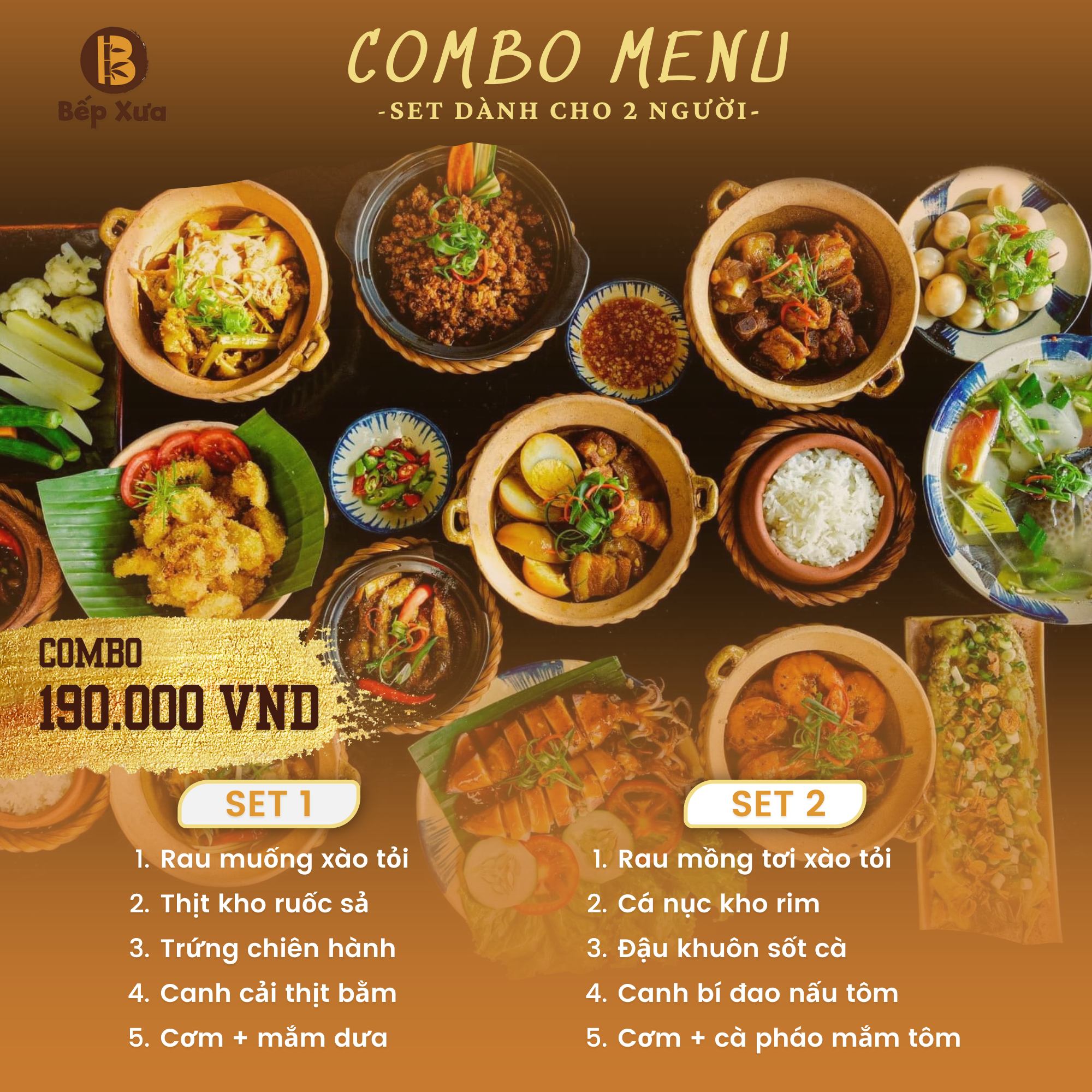 MENU BỮA ĂN HỢP LÍ – COMBO 1 – 2 NGƯỜI TẠI NHÀ HÀNG BẾP XƯA ĐÀ NẴNG